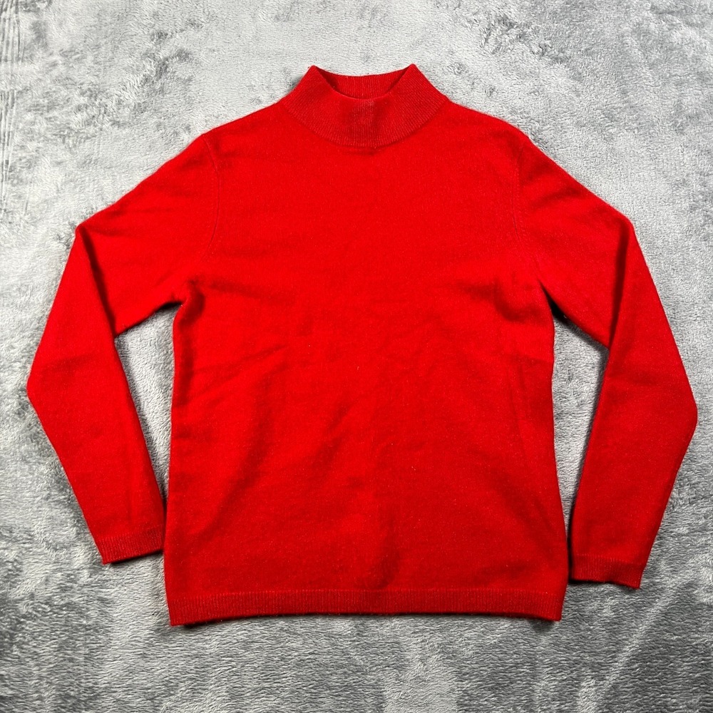 Womens 100% Cashmere Red Mock Neck Ribbed Knit Pullover Sweater Small